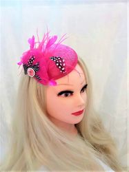 hot pink cocktail hat with feathers, fuchsia hat perfect for races, parties & weddings, elegant hot pink fascinator