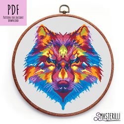 rainbow wolf cross stitch pattern pdf, geometric animals cross stitch pattern, symmetrical ornament cross stitch pattern