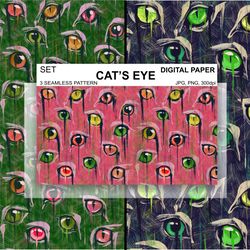 cat's eyes seamless pattern, halloween digital paper, png file, endless wallpaper, gloomy background, cat print