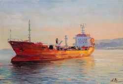 cargo ship sea landscape original oil painting nautical art original artwork