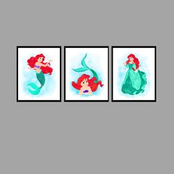 the little mermaid ariel disney set art print digital files decor nursery room watercolor