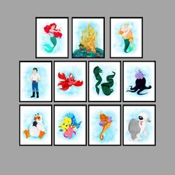 the little mermaid ariel disney set art print digital files decor nursery room watercolor