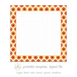 bright orange mid century abstract pattern printable notes template, digital file