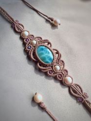 larimar necklace, choker necklace, gemstone pendant, macrame jewelry, handmade jewelry, crystal jewelry, adjustable