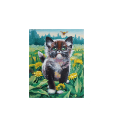 cute kitten and dandelions original oil art on cardboard