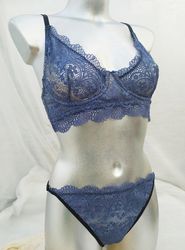 honeymoon blue sexy lingerie set bralette, 2 panties. stretch lace boudoir lingerie. underwear crotchless panties