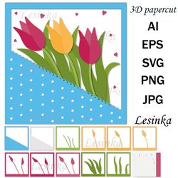 postcard template with tulips, paper clipping, svg