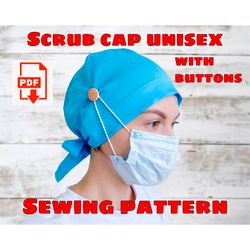 scrub cap sewing pattern style 6 with buttons, printable scrub hat,surgical hat pattern,medical cap pattern,unisex cap