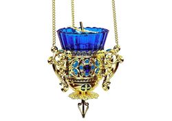 Traditional Orthodox Hanging Oil Vigil Lamp. Brass, Enamel. Size: 4.7''x4.7''x5.3'' (12x12x13.5 Cm). Chain : 21.3"