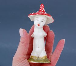 mushroom lady female bust statuette ceramic ring holder mushroom hat fly agaric forest witch,sexy lady porcelain unique