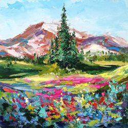 field of flowers painting landscape original art mount rainier mountain wall art