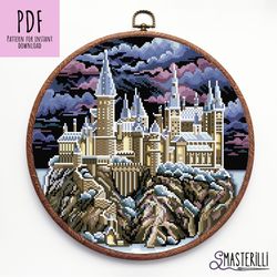 fantasy castle cross stitch pattern pdf jpg night landscape cross stitch pattern, fairy castle and sea cross stitch