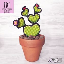 realistic potted cactus cross stitch pattern pdf, plastic canvas pattern, 3d prickly pear cross stitch, potted plant