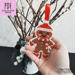 gingerbread man cross stitch pattern pdf, plastic canvas pattern & tutorial , christmas tree decor embroidery ornament