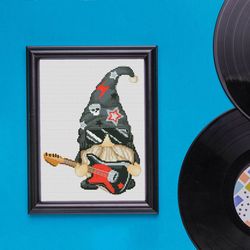 rock star gnome, cross stitch pattern, music cross stitch, gnome cross stitch, counted cross stitch