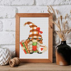 book girl, cross stitch pattern, gnome cross stitch, book cross stitch