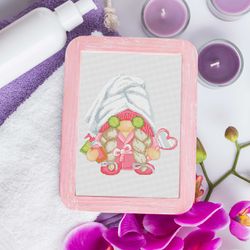 gnome in a spa , cross stitch, relax cross stitch, cute cross stitch, counted cross stitch