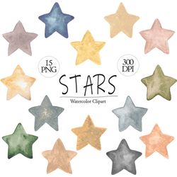 watercolor stars clipart, 15 hand painted shapes png, earth tones clip art, night sky, nursery graphics, bedtime images