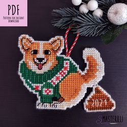 christmas dog cross stitch pattern pdf for plastic canvas , pooping corgi embroidery ornament , xmas tree decoration