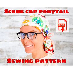 scrub cap style4 ponytail pattern, printable hat sewing pattern, surgical hat pattern,medical cap pattern