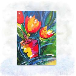 tulip painting  floral original artwork orange flower wall art acrylic boho painting 12" by 16" by artmadeira