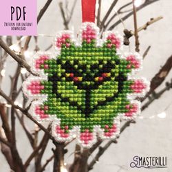 covid christmas cross stitch pattern pdf , plastic canvas pattern,  grinch snowflake embroidery design , xmas tree decor