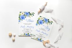 floral invitacion para nino, blue rose spanish baby shower, es nino baby boy shower invitation, boy baby shower editable