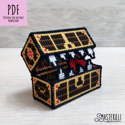 Teethy chest cross stitch pattern PDF & tutorial, mimic chest cross stitch, 3D evil box pattern for plastic canvas