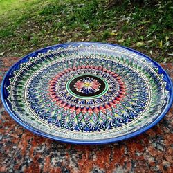 handmade pottery large plate diameter 14.76 inches clay bowl with colored pattern