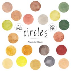 watercolor circles clipart, 20 geometric shapes png, earth tones nursery clip art, spots, dots, logo & banner graphics