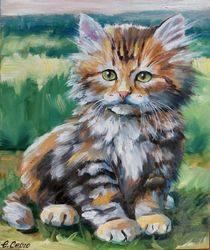 cute little kitten oil art on cardboard