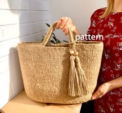 jute crochet bag with lining and tassel, beach basket bag, crochet pattern bag, download tutorial pdf video