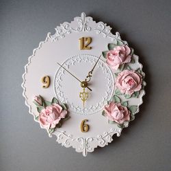 pink wall clock with pink roses in shabby chic style silent wall clock for bedroom cute wall clock wedding gift