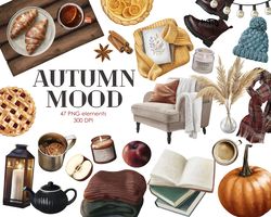 autumn mood watercolor clipart, candles, hot drink, book, autumn clip art