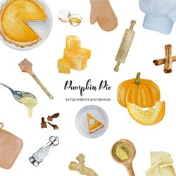 watercolor pumpkin pie recipe clipart. pumpkin pie ingredients