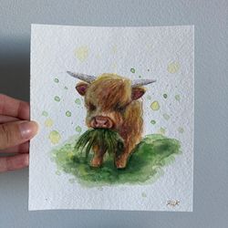 original calf watercolor painting, small watercolor art, cottagecore art, cow painting, animal watercolor wall decor