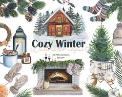 cozy winter watercolor clipart, winter mood, christmas clipart, 300 dpi, digital, png