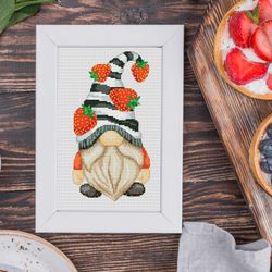 strawberry gnome , cross stitch pattern, summer cross stitch, counted cross stitch, strawberry cross stitch, gnome cross