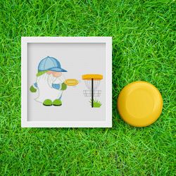 frisbee golf gnome, cross stitch pattern, sport cross stitch, counted cross stitch, gnome cross stitch