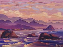 the start of dawn on the beach in oregon original oil art on cardboard