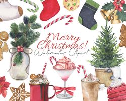 marry christmas watercolor clipart, christmas tree set, winter decor clipart, digital, png, 300 dpi