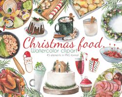 christmas food watercolor clipart, christmas dishes watercolor set, festive menu clipart, digital, png, 300 dpi