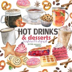 hot drinks & desserts watercolor clipart, autumn treats watercolor set, coffee, tea, cookies, cake, digital, png, 30 dpi