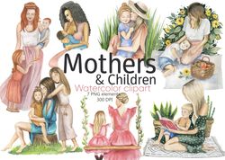 mothers day watercolor clipart, moms and childs set, family clipart, digital, png, 300 dpi