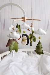 hedgehog in the green forest felt baby crib mobile, woodland nursery cot mobile, wild forest animals baby mobile