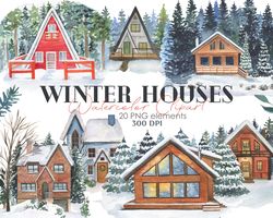 winter houses watercolor clipart, snow houses collection, winter clipart, digital, png, 300 dpi