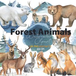 forest animals watercolor clipart, winter forest clipart, digital, png, 300 dpi