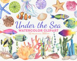 under the sea watercolor clipart, watercolor fish collection, digital, png, 300 dpi