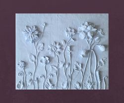 large sculptural wall art  light blue bas-relief concrete flowers 3d wall decor plaster relief botanical wall decor