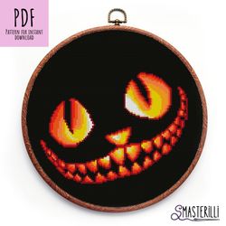 smiling cat cross stitch pattern pdf , halloween cross stitch pattern, cheshire cat smile ornament, pumpkin cross stitch